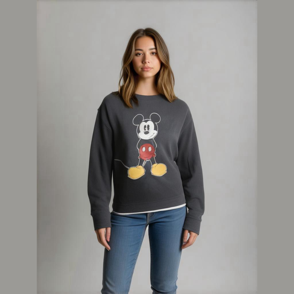 Disney Women's XS Gray Mickey Mouse Graphic Logo Crew Neck Pullover Sweatshirt